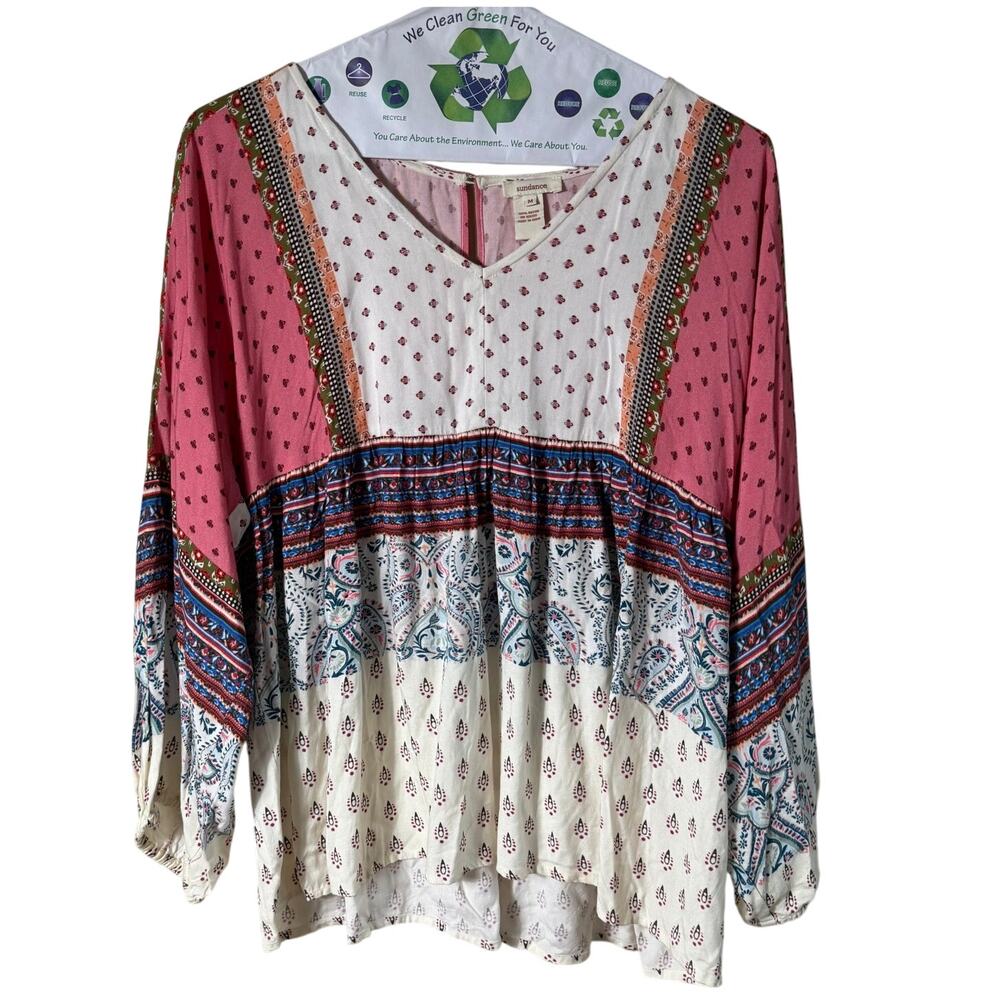 Sundance Peasant Top SZ M Paisley Floral Pink White Cream V Neck Boho Prairie